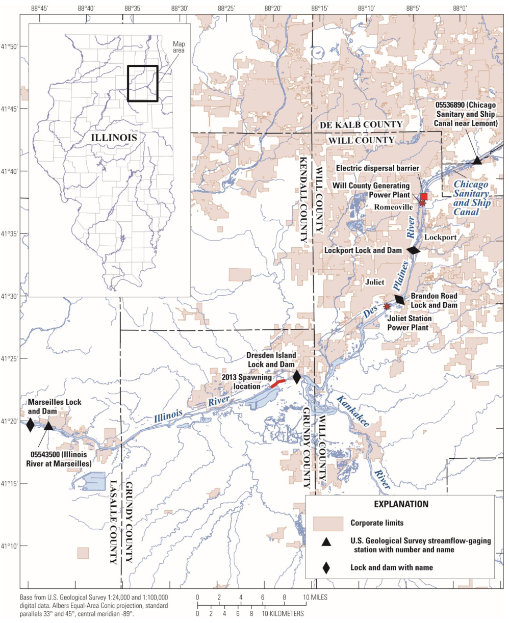 USGS geographic map of the Chicago Sanitary and Ship Canal southwest of Chicago, showing the electric dispersal barrier near Romeoville and the separate Lockport, Brandon Road, Dresden Island and Marseilles locks.