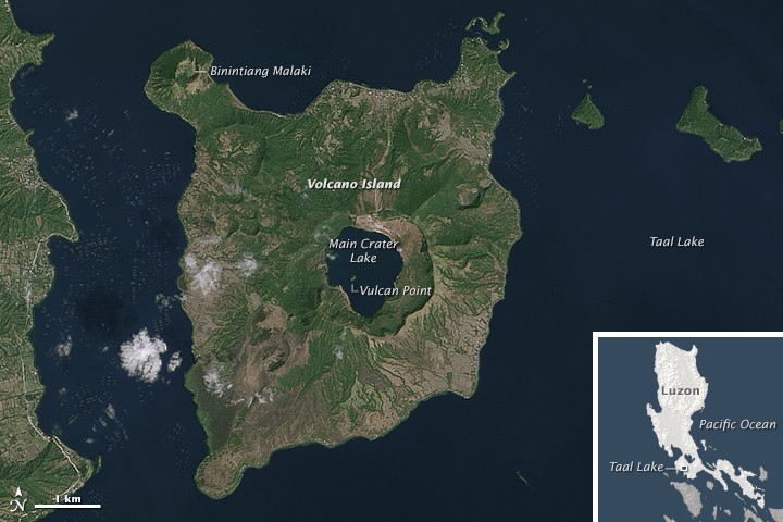 NASA satellite view labeling Vulcan Point inside Main Crater Lake on Volcano Island in Taal Lake